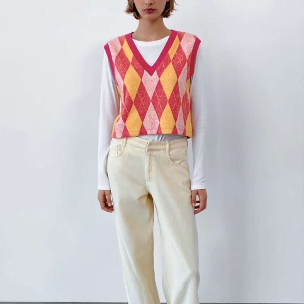 Zara Argyle Printed Knit Vest M - Picture 2 of 6